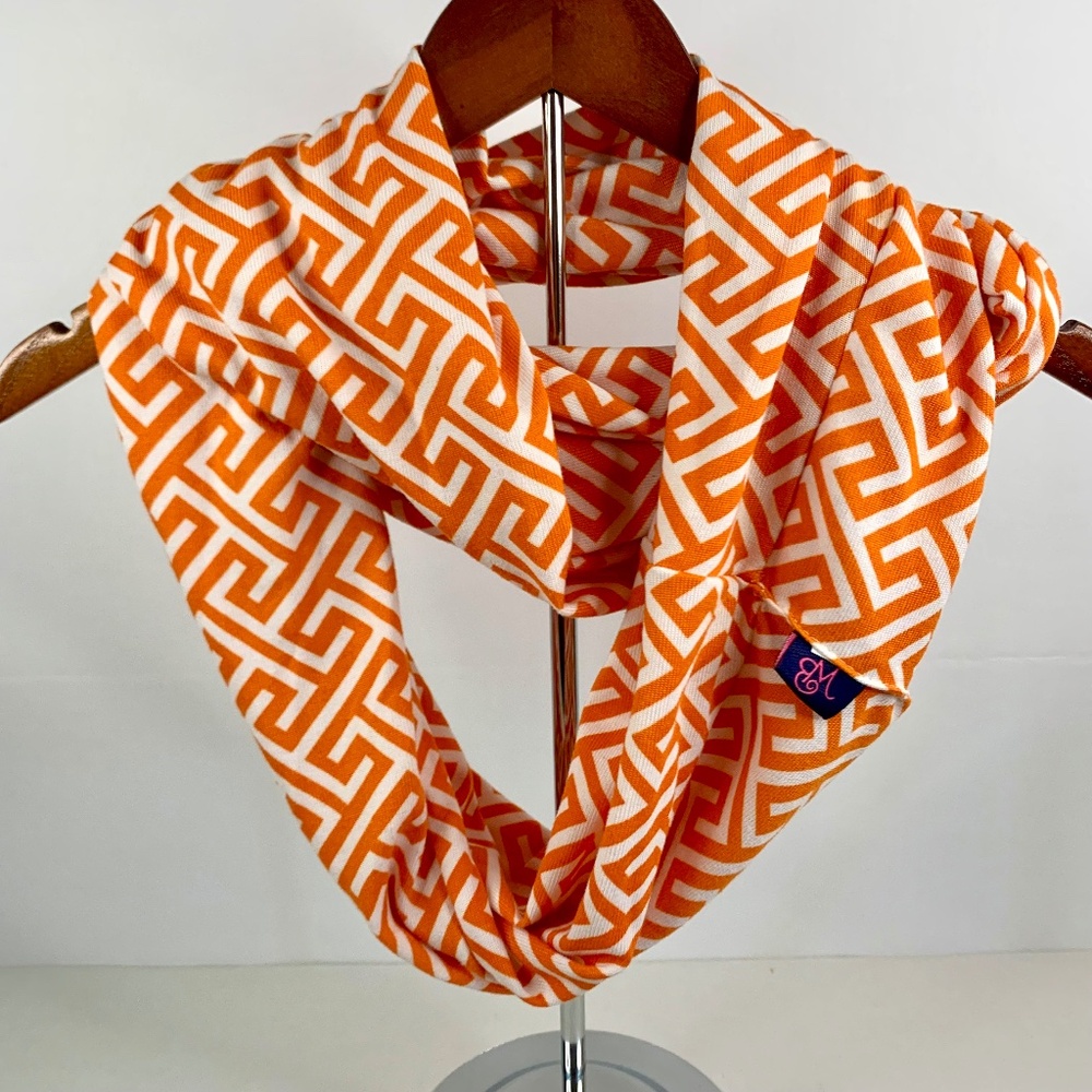 Women’s WB, Orange/White geometric Greek key boho super soft Infinity scarf
